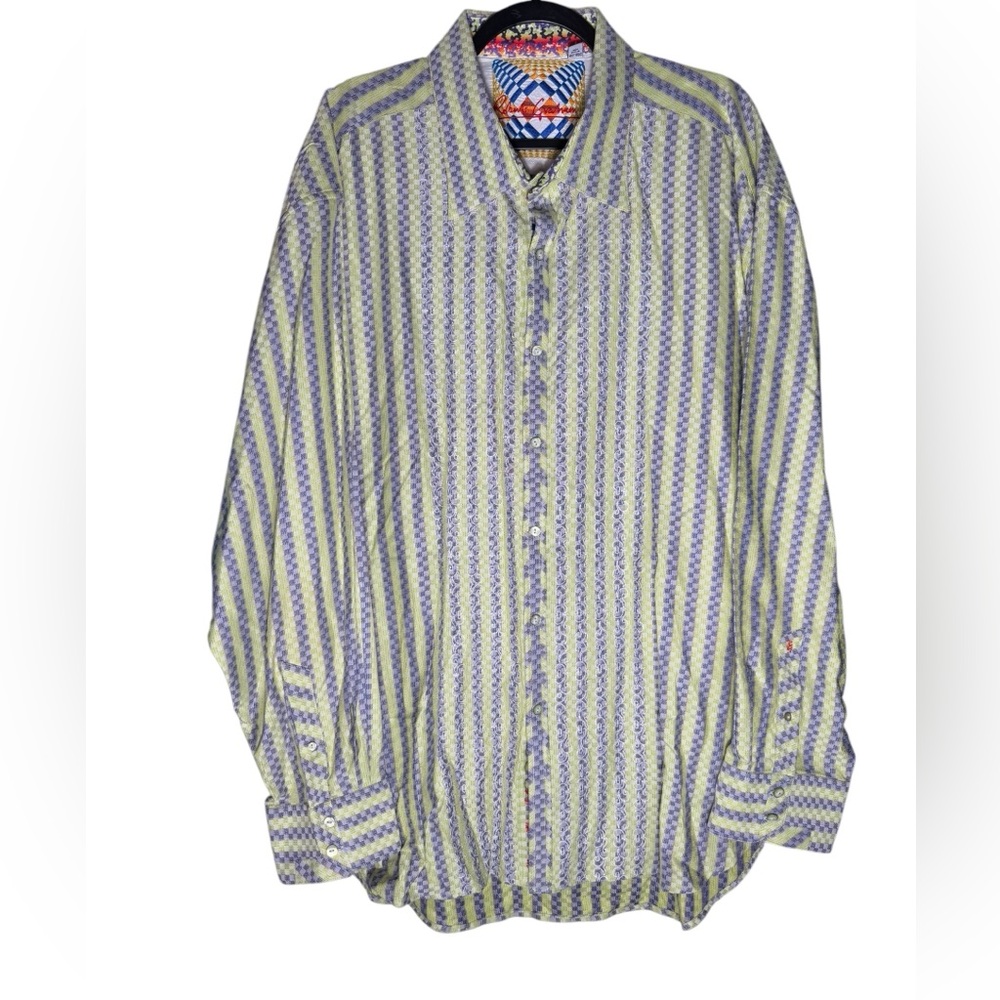 Robert Graham Men 4XL Striped Blue Green Button Up Shirt Embroidered Flip Cuff